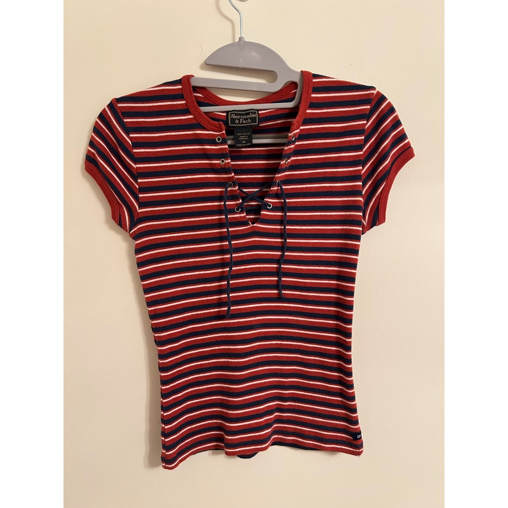 Vintage Y2K Abercrombie & Fitch Lace-Up Striped Baby Tee Rare Medium red blue‎